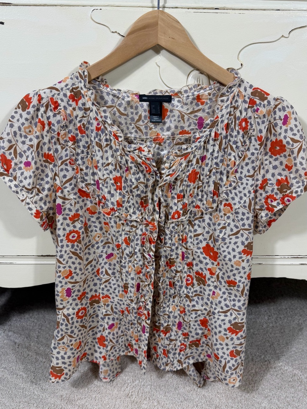 MNG Floral & Ruffles Cap Sleeves Orange & Blues Cotton & Silk Top Size 8
